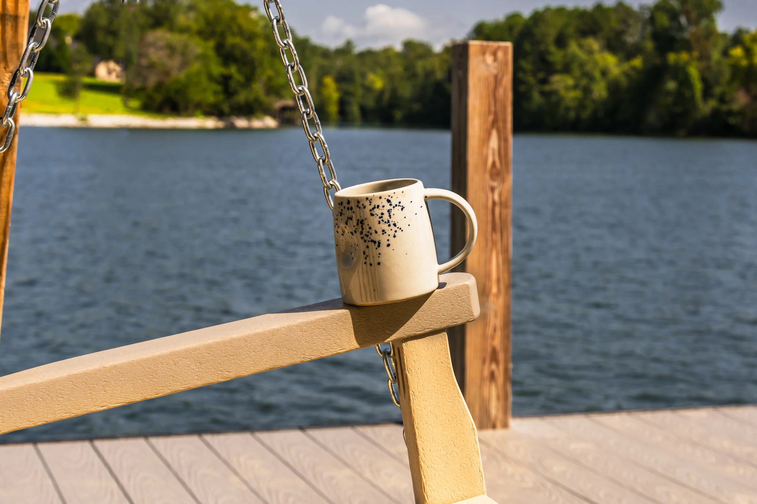 Coffee and tea mug on a dock in Soddy Daisy Tennessee