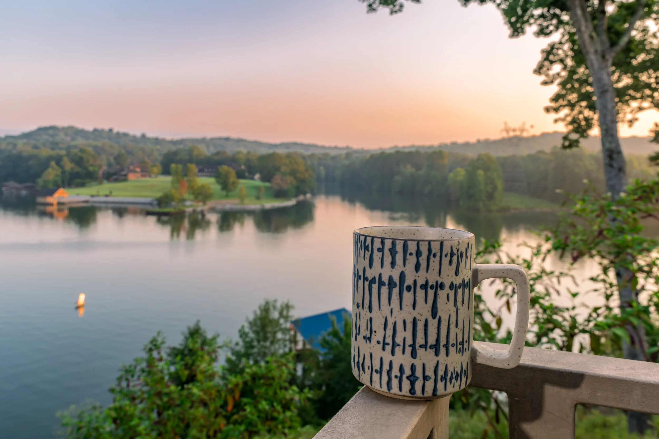 Coffee and tea mug on a dock in Soddy Daisy Tennessee